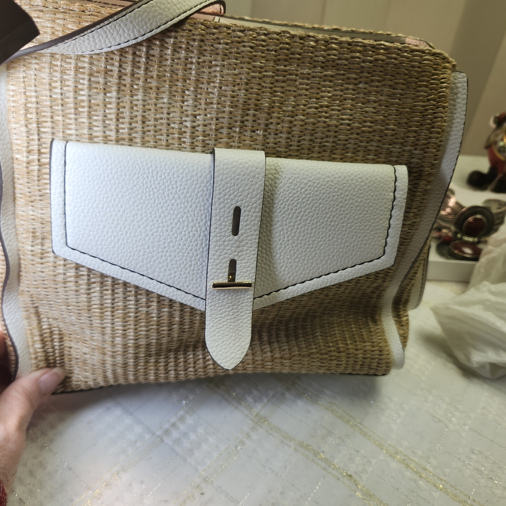 Woven Straw Shoulder Bag with White Leather Trim